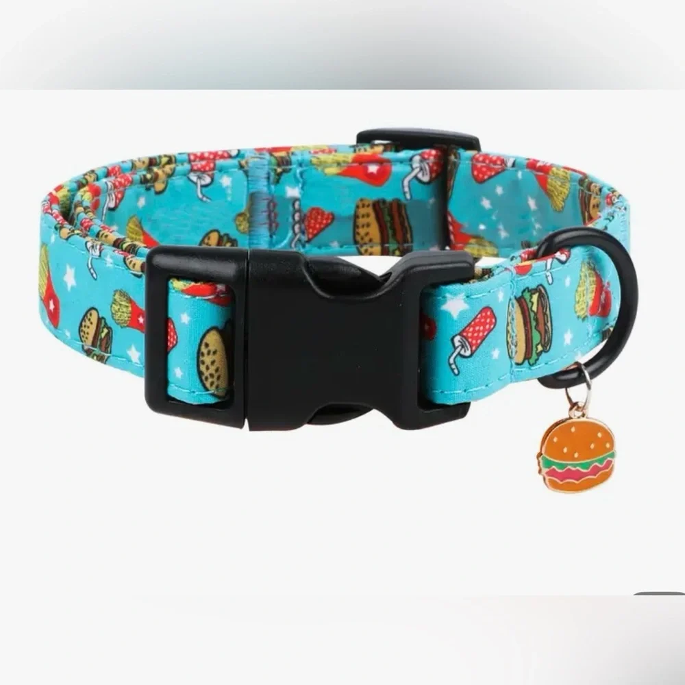 🆕 Colorful burger & fries Dog Collar with Burger Charm. One Xtra small/One Small